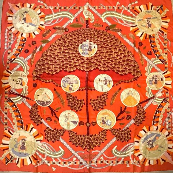 Hermes, silk scarf. The theme is the magic umbrella, coral colorway w/vignettes. - Picture 1 of 15